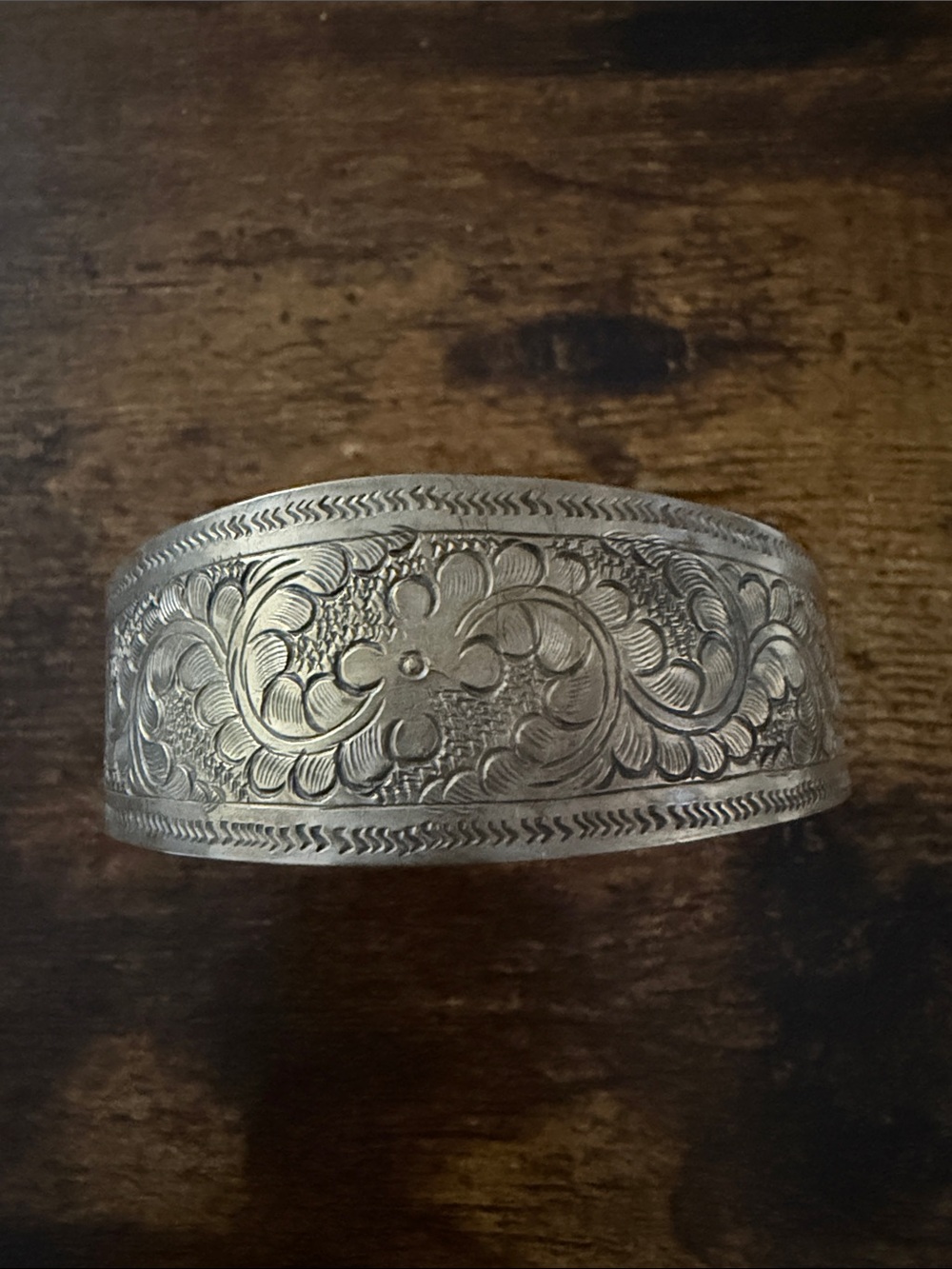 Hand-Engraved Floral Silver Cuff Bracelet
